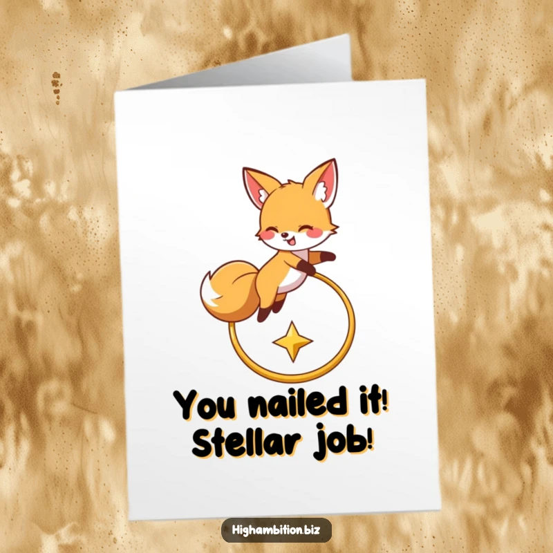 Free Printable congratulations card showing a happy fox leaping over a hoop, symbolizing reaching for the stars and success.