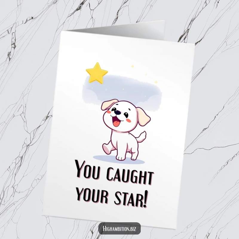 Funny Free Printable Congratulations Card: A happy puppy dog character catching a shimmering star in the night sky, symbolizing achievement.