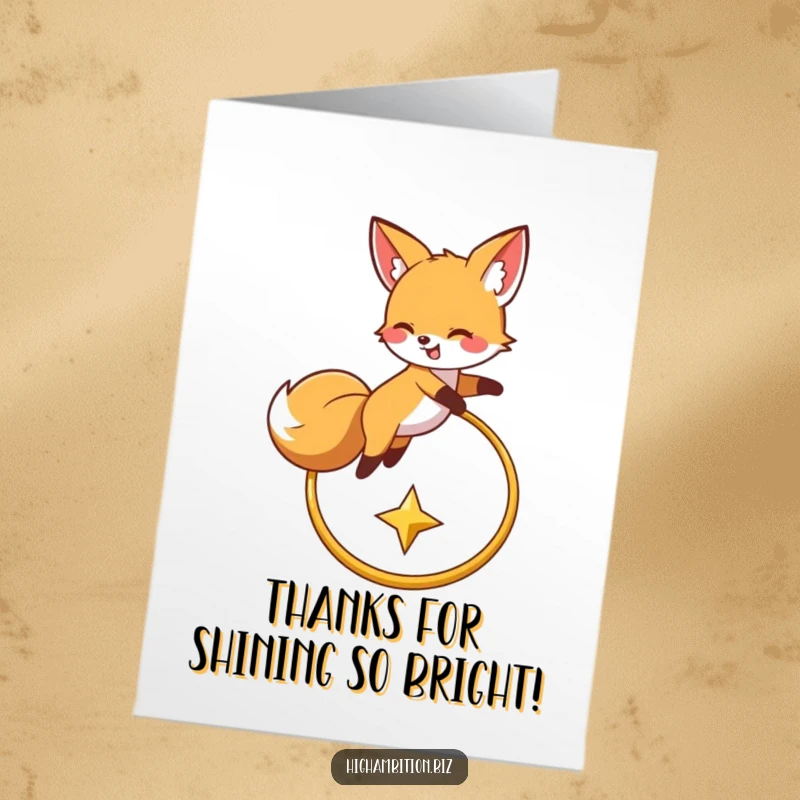 Funny Free Printable thank you card featuring a fox mid-leap over a hoop, reaching for a star as a symbol of gratitude.