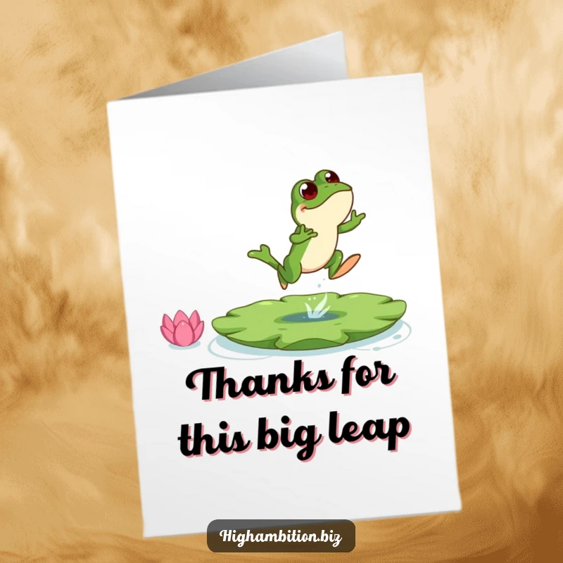 Funny Free Printable Thank You Card: A frog character mid-leap towards a giant lily pad, signifying a big thank you.