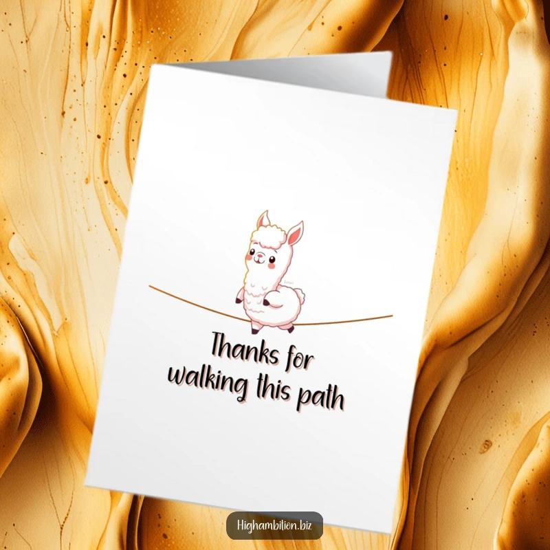 Funny Free Printable thank you card of a cheerful alpaca walking a tightrope of light, symbolizing guidance and gratitude.