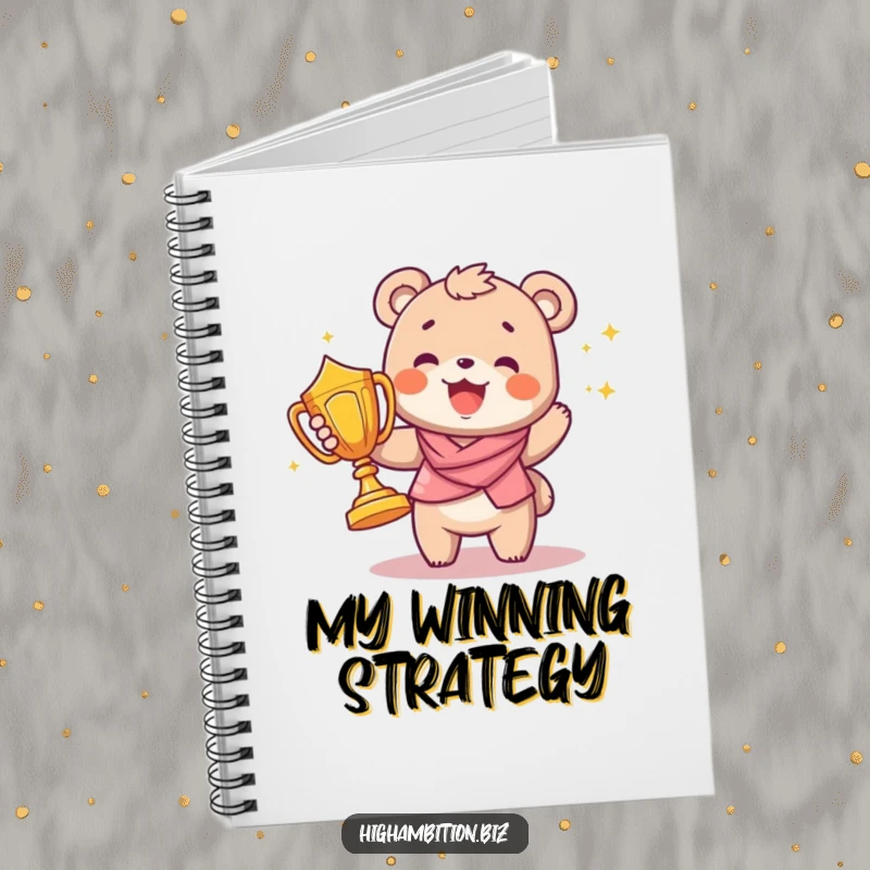 Funny notebook cover with a joyful bear cub character triumphantly carrying a large, shining trophy, for recording achievements.