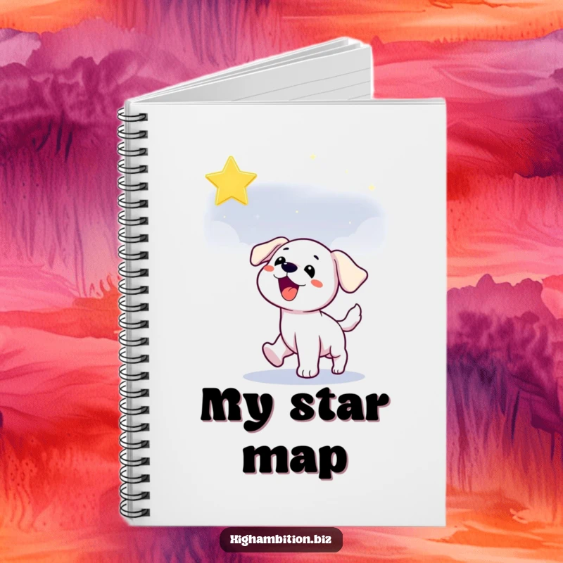 Funny puppy notebook cover with a playful dog character chasing a star in the night sky, perfect for capturing dreams.