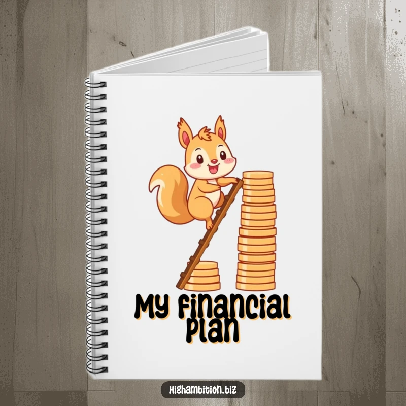 Funny notebook cover with a smiling squirrel character climbing a ladder made of stacked coins, for financial planning.