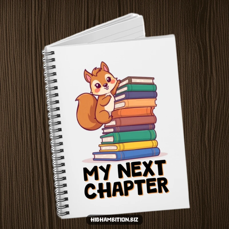 Funny squirrel notebook cover with a determined character climbing a towering stack of books, ideal for jotting down ideas.