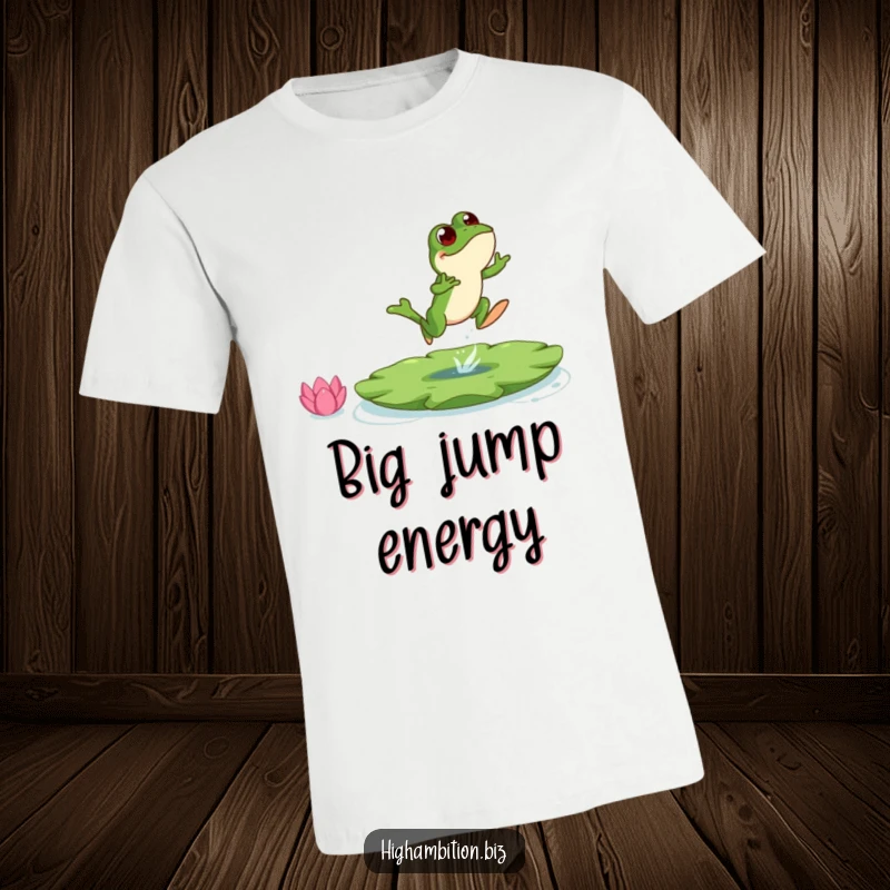 Funny frog t-shirt depicting an energetic character leaping dramatically towards a huge lily pad, capturing a moment of excitement.