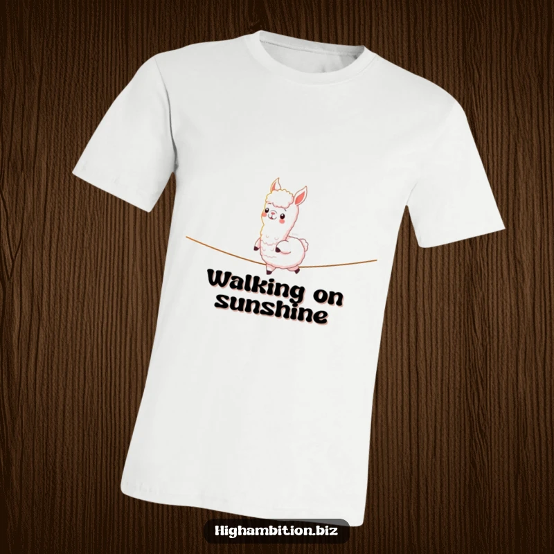 Funny t-shirt depicting a cheerful alpaca confidently walking on a tightrope made of shimmering light, demonstrating expert balance.