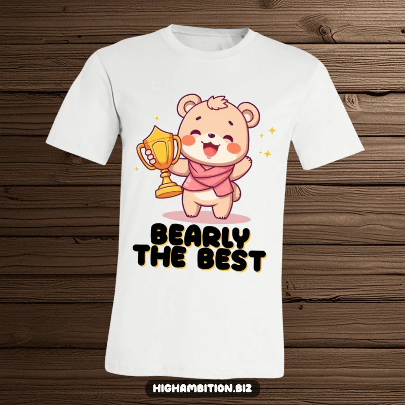 Funny t-shirt depicting a joyful bear cub proudly holding a large, sparkling trophy, embodying the spirit of a champion.