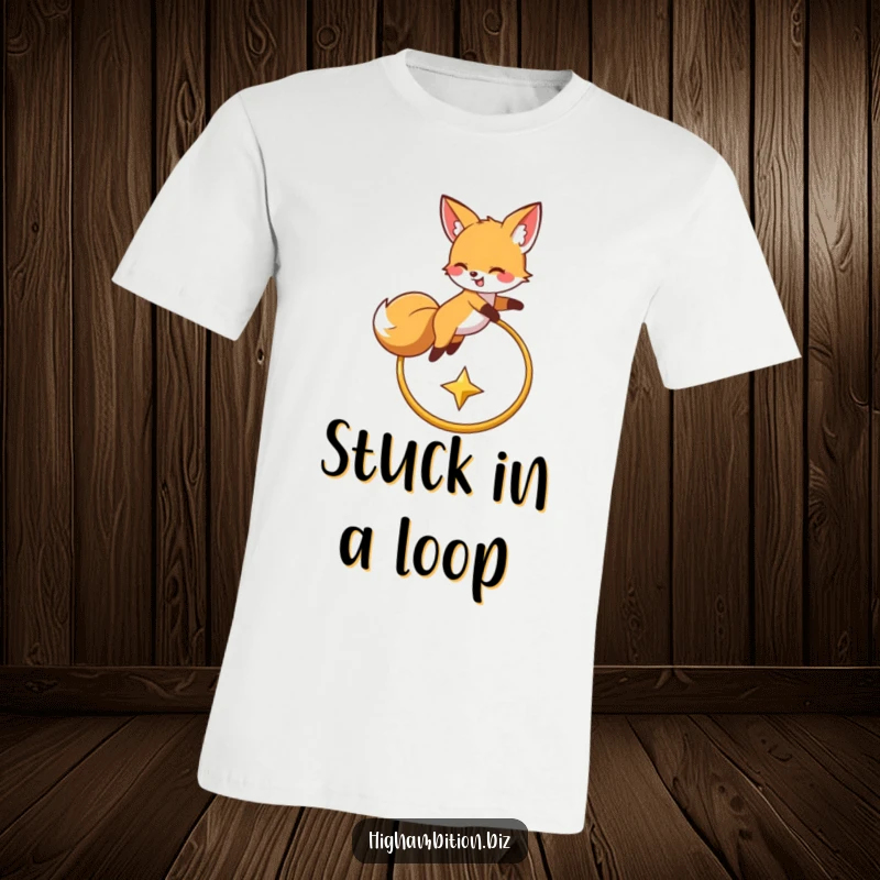 Funny t-shirt depicting a gleeful fox mid-air, jumping over a golden hoop while reaching for a distant star, capturing energetic pursuit.