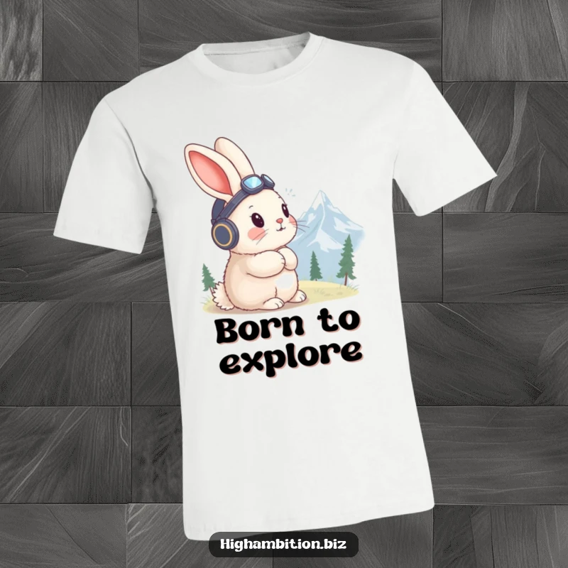 Funny rabbit t-shirt with a fluffy rabbit in a tiny aviator hat, gazing contemplatively at a distant mountain peak.