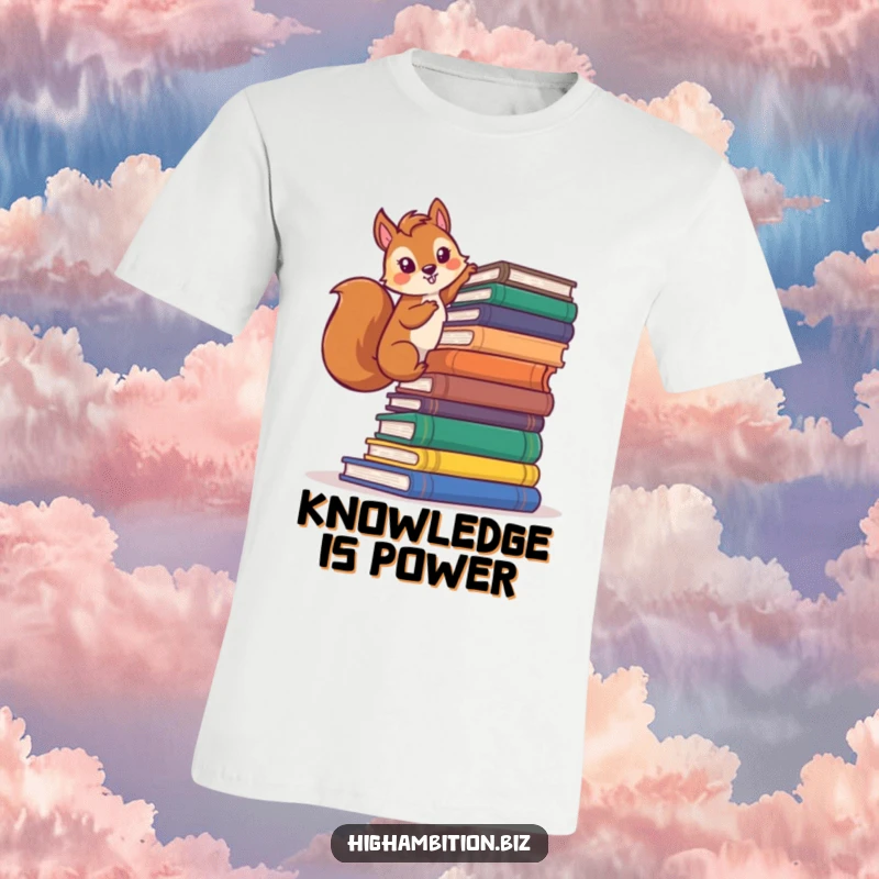 Funny squirrel t-shirt depicting a determined character scaling a large pile of books, exuding confidence and a love for knowledge.