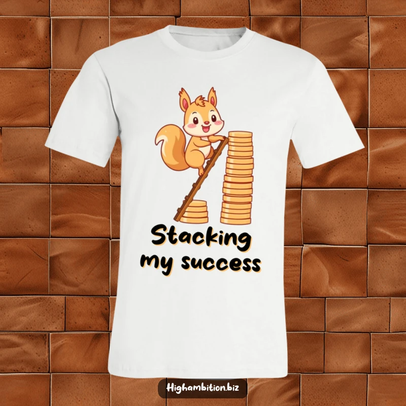 Funny t-shirt depicting a smiling squirrel confidently ascending a ladder made of stacked coins, symbolizing financial growth.