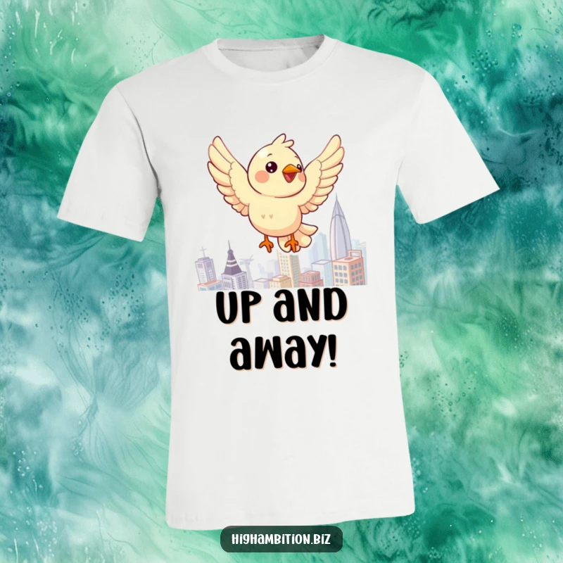 Funny bird t-shirt featuring a cheerful character joyfully soaring high above a sprawling cityscape, conveying exhilaration.