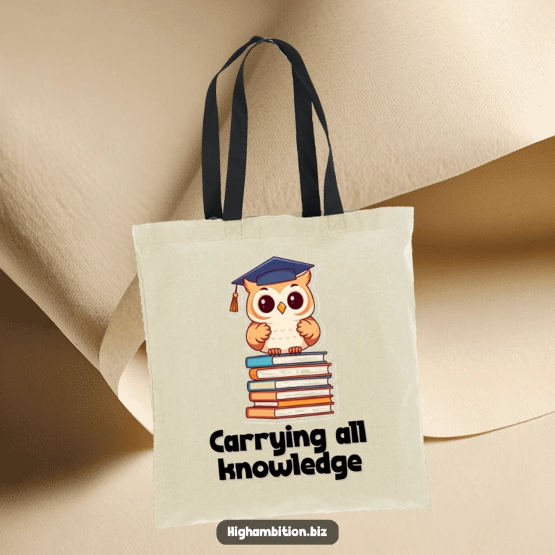 Funny Tote Bag: Cute owl wearing a graduation cap studies a stack of books, perfect for carrying items with academic humor.
