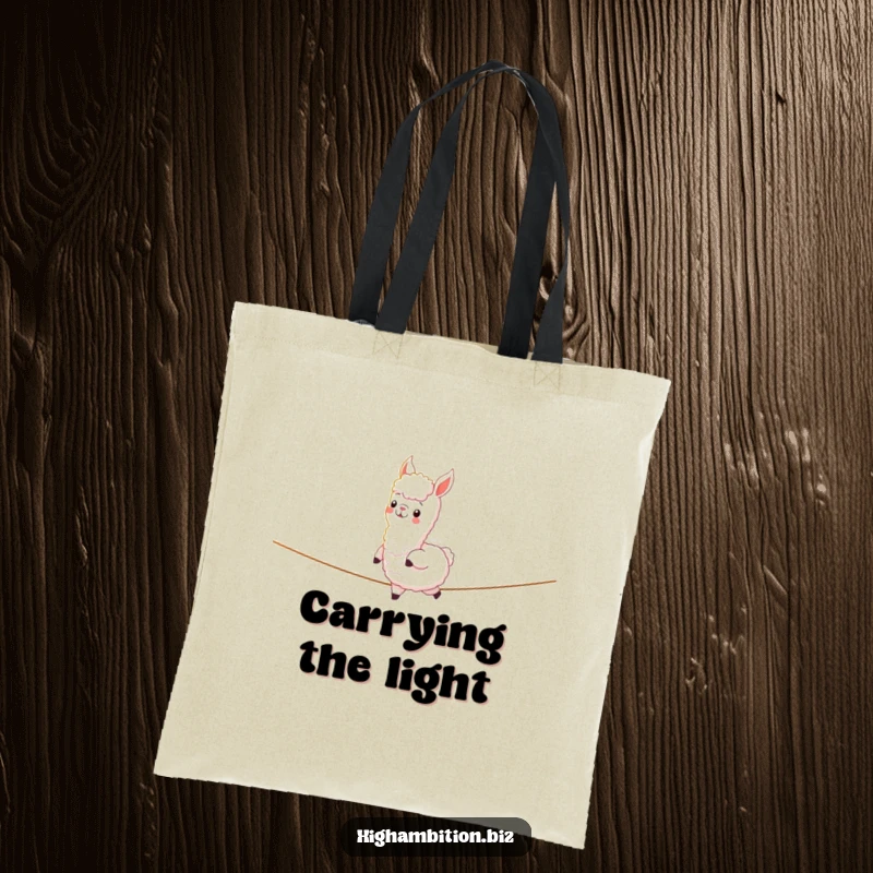 Funny tote bag with a cheerful alpaca confidently walking on a glowing light tightrope, designed for stylish and humorous everyday use.