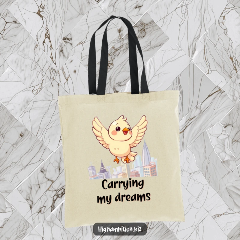 Funny bird tote bag with a cheerful character soaring above a detailed cityscape, great for city adventures.