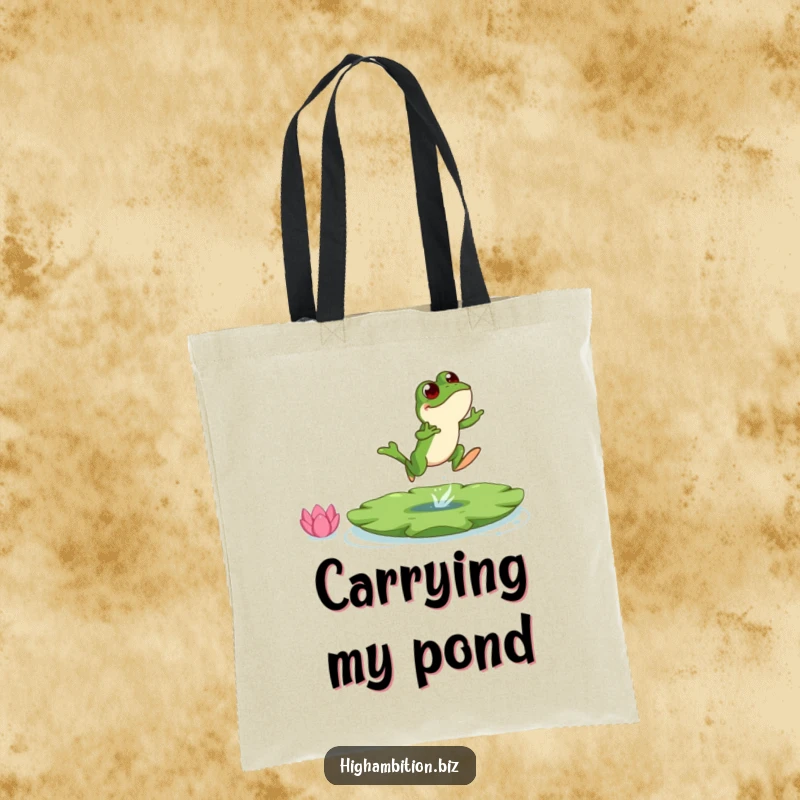 Funny frog tote bag with a bouncing character leaping towards a large lily pad, great for carrying essentials.